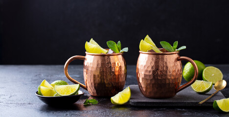 Moscow Mules cocktail with ginger beer, vodka, lime and mint. Grey background. Copy space.