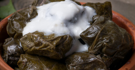 Traditional azerbaijan dolma in grape leaves on rustic wooden table with copyspace.  Oriental dish .  Traditional georgian tolma in vine leaves on rustic background with copyspace. Turkish dish