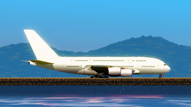 Commercial plane moves along the runway on a hot day surrounded by water. Realistic 2D animation.