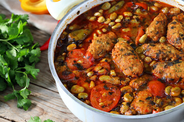 Fish meatballs in tomato sauce. Meatballs with a side dish of green beans and vegetables in tomato sauce 
close-up in a plate on the table. horizontal

