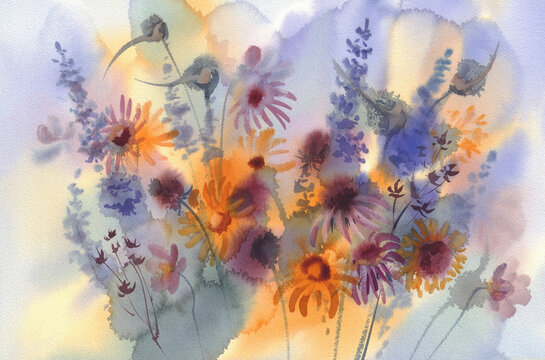 A bouquet of colorful summer meadow flowers watercolor background