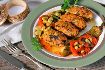 Fish meatballs in tomato sauce. Meatballs with a side dish of green beans and vegetables in tomato sauce 
close-up in a plate on the table. horizontal
