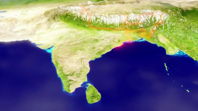 3D CGI Map of India With Mountain Relief, Depth of Field & Borders Traced with Red Glow