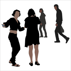 Vector silhouettes of 4 people. A woman and a man walk past 2 girls and look in their direction. The guy is carrying a bag. The girl in jeans stands sideways. Isolated over white background.