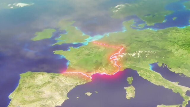 3D CGI Map of France With Mountain Relief, Depth of Field & French European Borders Traced with Red Glow