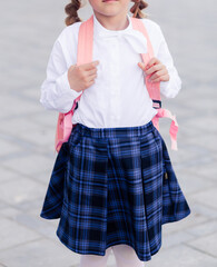 Schoolgirl girl in a white blouse, a skirt in a blue cage posing with a backpack on her back