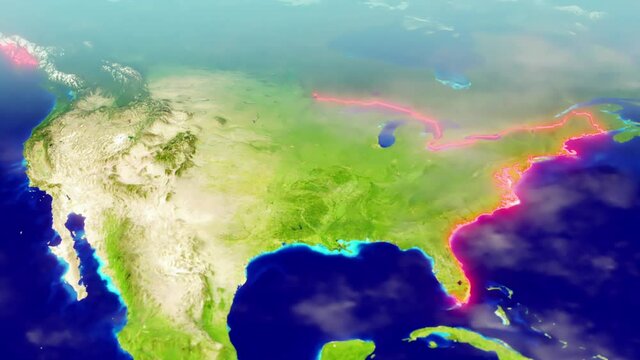 3D CGI Map of The United States of America With Mountain Relief, Depth of Field & Borders Traced with Red Glow