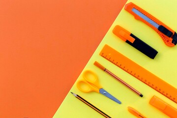 Naklejka premium Empty copy space for your text with school supplies as pens, pencils, ruler, scissors, sharpener, marker, clips, divider. Creative flat lay with stationary on the bright yellow background.