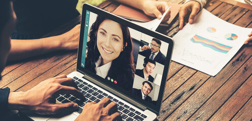 Video call group business people meeting on virtual workplace or remote office. Telework conference...