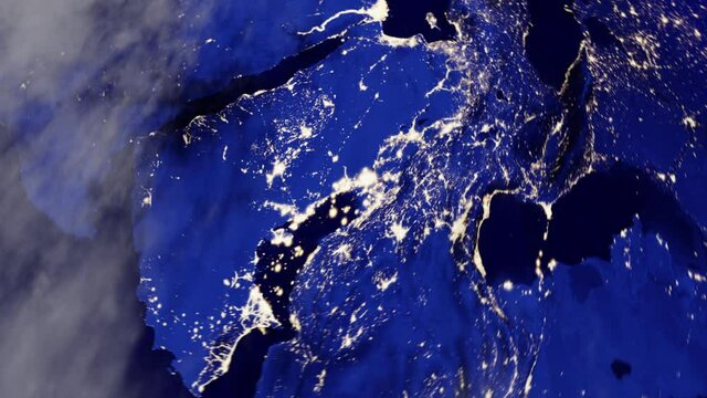 Middle East Night Map Hyperlapse in 3D CGI with High Relief Mountains & Clouds