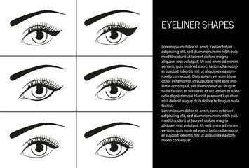 Beautiful eyes makeup. Eyeliner use options with text. Applying liquid eyeliner for cat eye look - obrazy, fototapety, plakaty