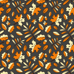 Autumn leaves on a dark gray background. Seamless pattern. Vector, isolated. Design of fabric, paper, cover, Wallpaper.