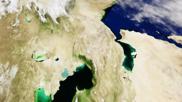 Middle East Map in 3D CGI - Aerial Hyperlapse Rendered with High Relief Mountains, Shallow Depth of Field & Foggy Atmosphere