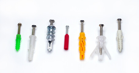 Plastic dowel with screws Many types on a white background.        