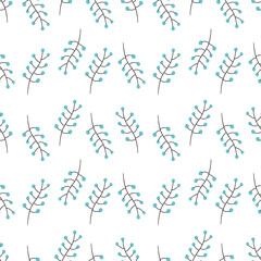 Minimalistic floral pattern on white background. Simple vector illustration of doodle plants. Decorative design for wrapping, clothes.