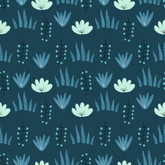 Colorful pattern of doodle plants on dark blue background. Drawn by hand vector floral elements for decorative designs of wrapping, clothes.