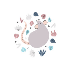 Drawn by hand grey rat illustration on white background. Vector mouse doodle sketch with plant elements. Decorative design.