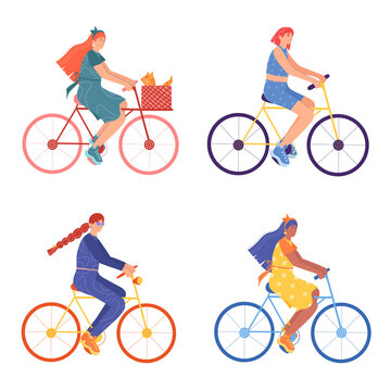Set of different women on bicycles. Young women ride bicycles. Cartoon style. Vector illustration isolated on white background