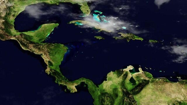 Central America Map Hyperlapse in 3D CGI with High Relief Mountains & Foggy Atmosphere