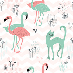 Animals seamless pattern of flamingos and cats on a white background with pink zigzag lines. Vector background for wallpaper, textile and graphic design.