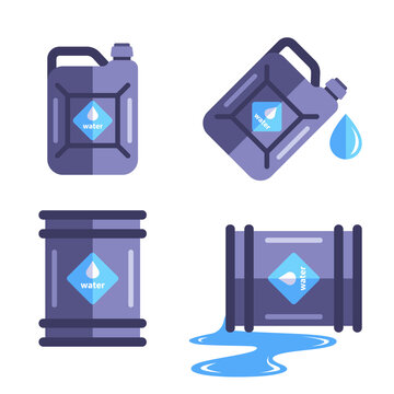 a set of containers for a set of water. spill water in the barrel. flat vector illustration isolated on white background.