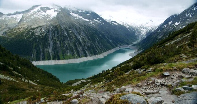 Schlegeisspeicher Water Reservoir and Greiner Mountain at Zillertal Tirol, Austria
