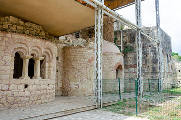 Reconstruction and restoration of facade of the Ancient Byzantine Church of St. Nicholas, original Santa Claus. Old Greek antique temple of Saint Nicholas in Demre, Antalya province, southern Turkey.