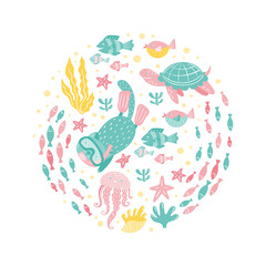 Hand Drawn under water pattern illustration. Cat snorkeling