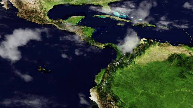 South America Map in 3D CGI hyperlapse with High Relief Mountains & Foggy Atmosphere