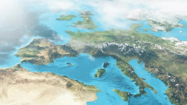 Europe Map in 3D CGI - Aerial Hyperlapse Rendered with High Relief Mountains, Shallow Depth of Field & Foggy Atmosphere