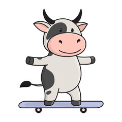 Cute bull or cow rides a skateboard, does sports. The Ox is a symbol of the New year 2021 according to the Eastern calendar. Vector stock flat illustration isolated on a white background.