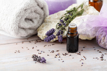 Spa aromatherapy composition with a natural lavender essential oil, sachet of dried flowers.