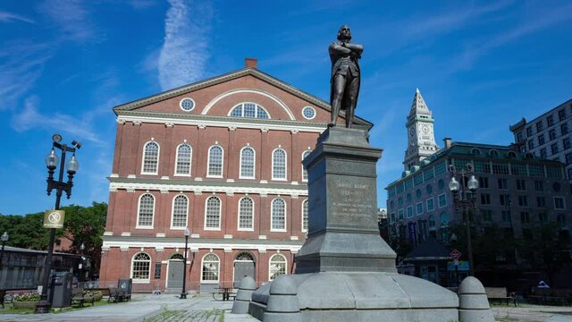 timelapse shot of Faneuil Hall and Samuel Adams statue wide shot
