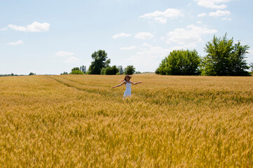 Fototapeta na wymiar optimistic female smiling in wheat field. stylish young woman. girl with windy hair. Young caucasian woman joyful and carefree. woman wearing white casual dress. dance in summer field. she is happy