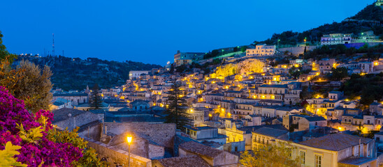 panoramic view of modica by night - Modica, Ragusa, Sicily, Italy - obrazy, fototapety, plakaty