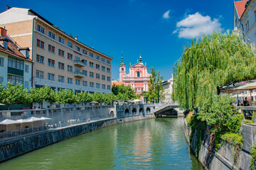 Fototapeta na wymiar Ljubljanica river in the center of Ljubljana, Central Slovenia region
