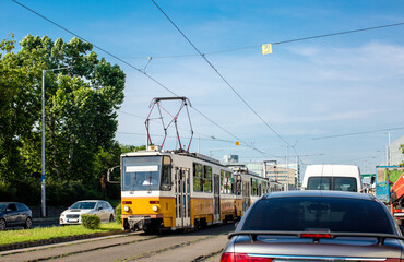 Tram and cars. Urban transport traffic in Budapest