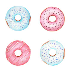 Watercolor dessert donuts isolated on white background. Sweet food clipart set.