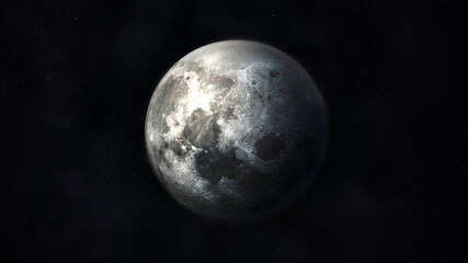 Dark gray realistic image of the moon in space.