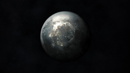 Dark gray realistic image of the moon in outer space.