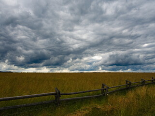 Fototapeta premium Rural landscape with fence. Hill Majerz. Pieniny National Park. Czorsztyn. Poland