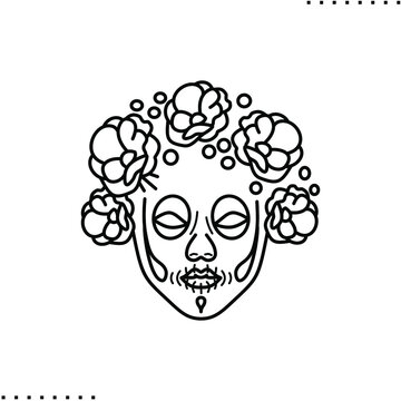 Day of Dead, Dia de los Muertos fiesta, skeleton in Mexican costume, marigold flowers and calavera skull  vector icon in outlines