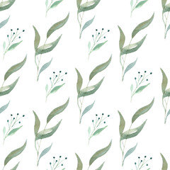 Watercolor greenery seamless pattern. Botanical branches and leaves digital paper.