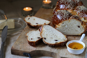  Sweet rich braided bread with raisins. Challah Bread