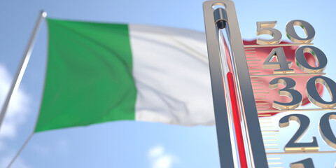 Thermometer shows high air temperature against blurred flag of Italy. Hot weather forecast related 3D rendering