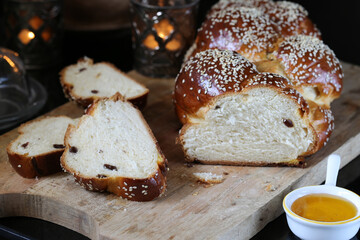  Sweet rich braided bread with raisins. Challah Bread