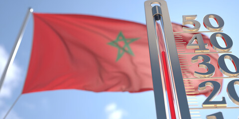 Thermometer shows high air temperature against blurred flag of Morocco. Hot weather forecast related 3D rendering