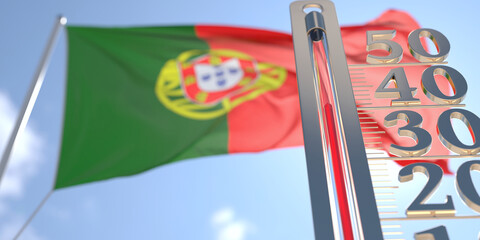 Thermometer shows high air temperature against blurred flag of Portugal. Hot weather forecast related 3D rendering