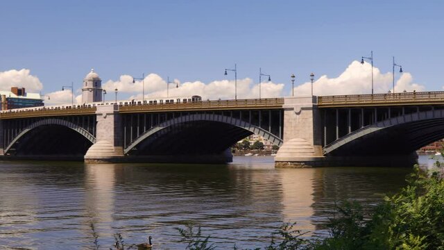Longfellow Bridge on a summer afternoon in Boston Massachusetts closeup shot pans right
