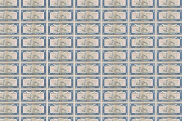 5 Ukrainian hryvnias bills printed in money production conveyor. Collage of many bills. Concept of...